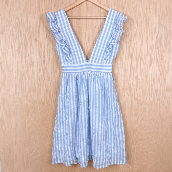 Pink Lily x Caitlin Covington Hamptons Deep V Striped Blue Midi Dress - Picture 2 of 10